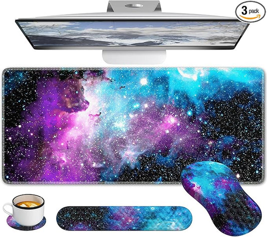 Desk Mat with Wrist Support, Desk Pad for Keyboard and Mouse, Purple Desk Mat, Keyboard Pad and Mouse Pad Combo, Carpal Tunnel Mousepad Gaming for Office, Galaxy Space Purple Nebula