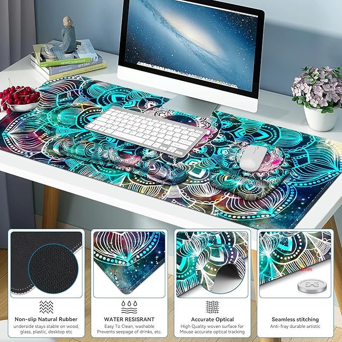 Large Mouse Pad with Wrist Support 4 in1 Set, XXL Big Game Mousepad + Keyboard Wrist Rest+Mouse Wrist Rest+Coaster Ergonomic Gaming Mat for Home Office Table Computer I Nice Green Mandala