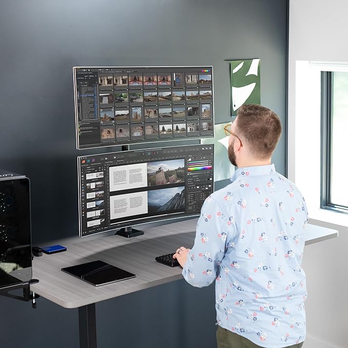 VIVO Dual Vertically Stacked Ultra-Wide Monitor Desk Mount with Extension Arms, Extra Tall Heavy Duty Adjustable Stand for 2 Ultrawide Screens up to 43 inches, 50 lbs Capacity, Black, STAND-V202T