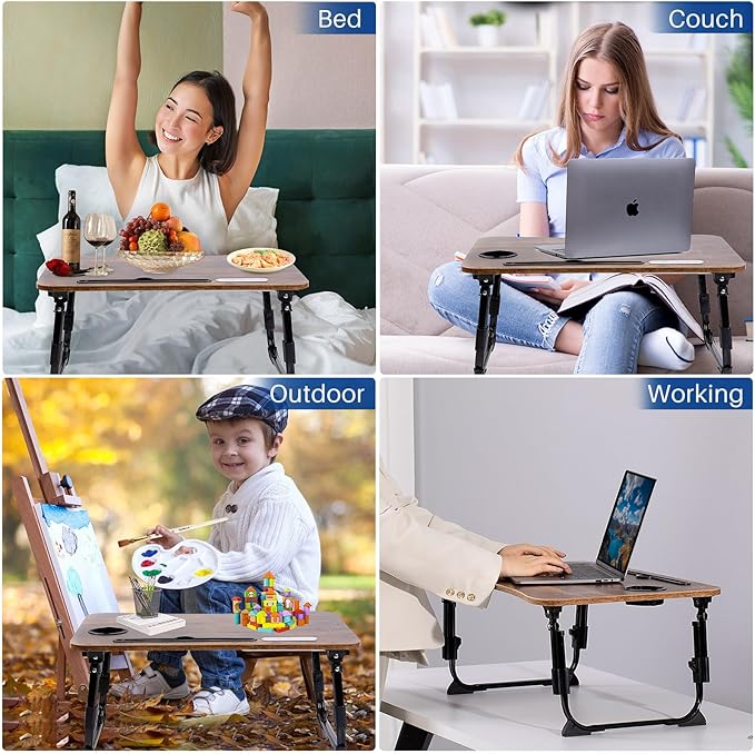 BYMECOST Laptop Desk for Bed, Height Adjustable Laptop Bed Table, Foldable Portable Lap Desk Stand with USB/Storage Drawer/Cup Holder/Slot, Breakfast Tray for Working Reading Writing Eating