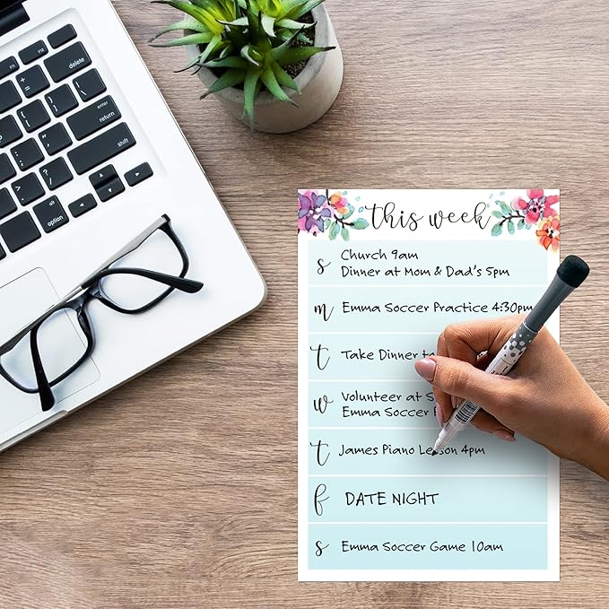 Dry Erase Weekly Calendar Planner Sticker Decal | Removable & Reusable | Magnetic Fine-Tip Marker Included (6 x 9 inches, Floral)