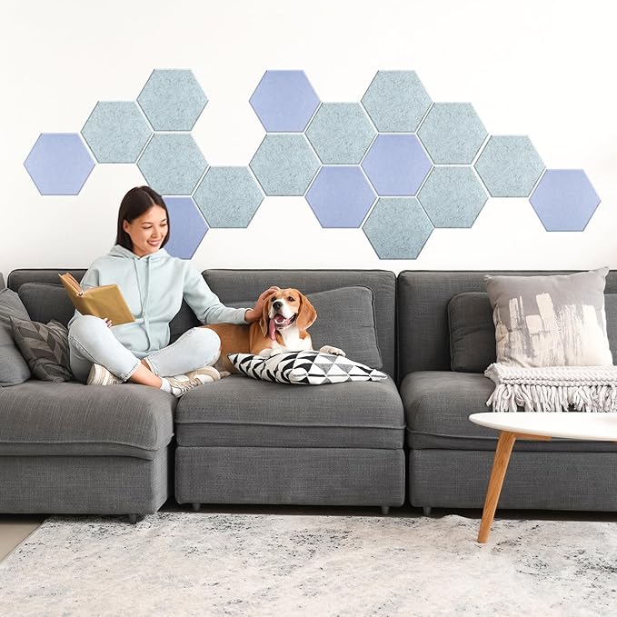 Mollywell Hexagon Acoustic Panels 14x12 - Reduce Echo & Reverb, Noise Blocking Wall Tiles for Bedroom & Studio, Smoky Blue Sound Absorbing Panels