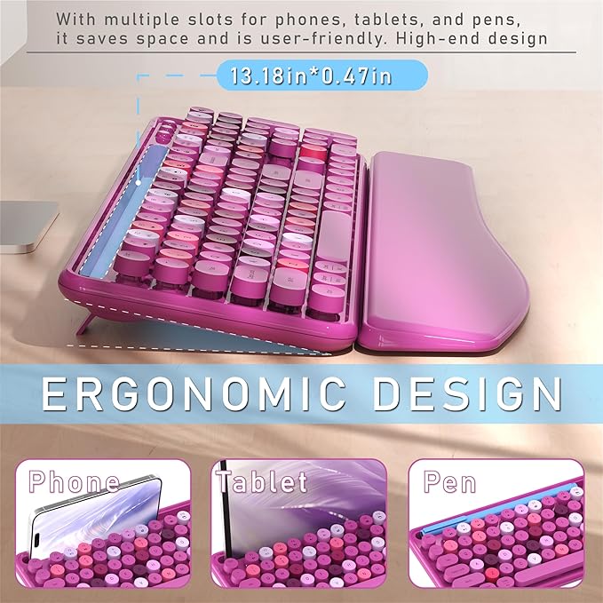 Colorful Wireless Computer Keyboard and Mouse Combo with Phone Holder, Wrist Rest, Typewriter Keys, 2.4GHz Wireless, Full-Sized Optical Mouse for PC and Laptop (Rose-Red)