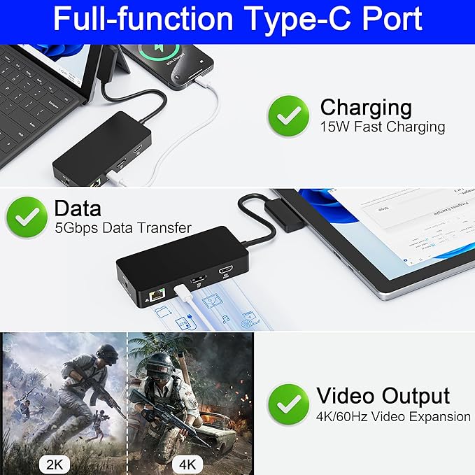 Surface Docking Station 12-in-1, Triple Display 4K@60Hz Dock with HDMI, DP, USB-C, 4-Screen Support, 4 USB Ports, SD/TF, Audio for Surface Pro 11/10/9/8/7, Surface Laptop, Book, Go