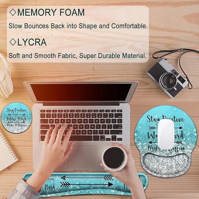 Keyboard Wrist Rest and Mouse Pad with Wrist Support, Ergonomic Mouse Pad Coaster,Easy Typing Pain Relief,Keyboard Mousepad Set,Stay Positive Work Hard and Make It Happen Blue Glitter