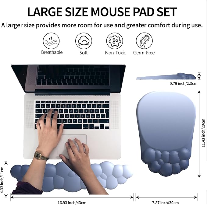 Ergonomic 2 in 1 Cloud Mouse Pad and Keyboard Rest, Non-Slip Wrist Support for Easy Typing & Wrist Pain Relief - Blue