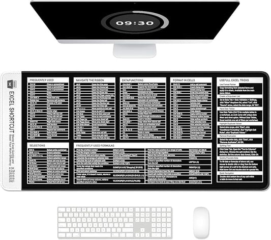 Excel Shortcut Keys Mouse Pad, Large Extended XL XXL Cheat Sheet Gaming Mouse Pad, Office Spreadsheet Desk Mat, Long Big Keyboard Mat, Desk Pad for Desktop, Non-Slip, Stitched, 35.4" x 15.7", Black