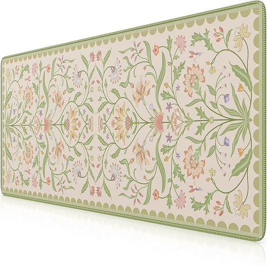 iLeadon Desk Matt for Desktop, Large Floral Stitched Edges Long Full Desk Mat for Laptop, Soft Mouse Pad for Keyboard, Green Desk Keyboard Mat for Office Home Beige/Green