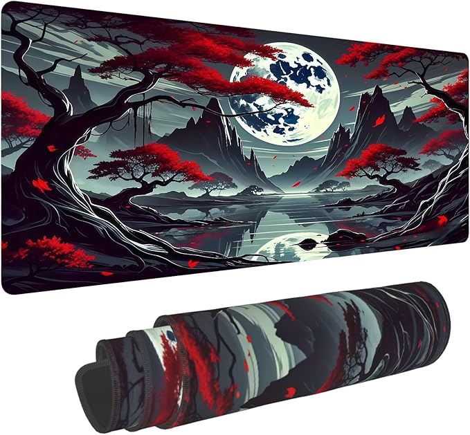 Japanese Dark Red Moon Desk Mat Large Gaming Mouse Pad Dark Red Moon Extended Mousepad Big in Laptop Computer Mouse Keyboard Mat for Office Desk Decor 31.5x12 in