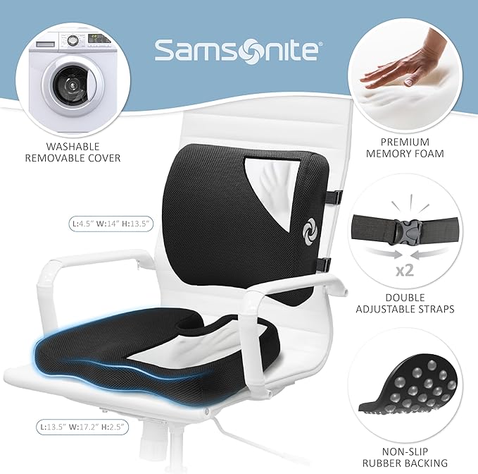 SAMSONITE – 2 in 1 – Lumbar Support and Seat Cushion, High Grade Motion Balanced Memory Foam, Fits Most Office Chairs and Car Seats, Elevate Your Work & Life and Enhances Focus Throughout Your Day…