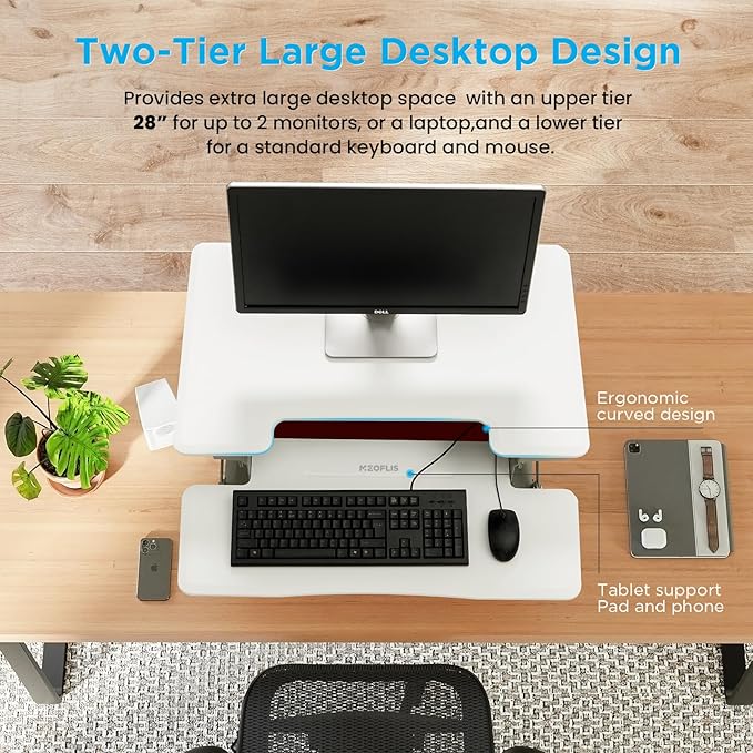 28 Inch Standing Desk Converter, 12-Position Adjustable Height Computer Desk Converter, Ergonomic for Use in Home Offices and Computer Workstations，White