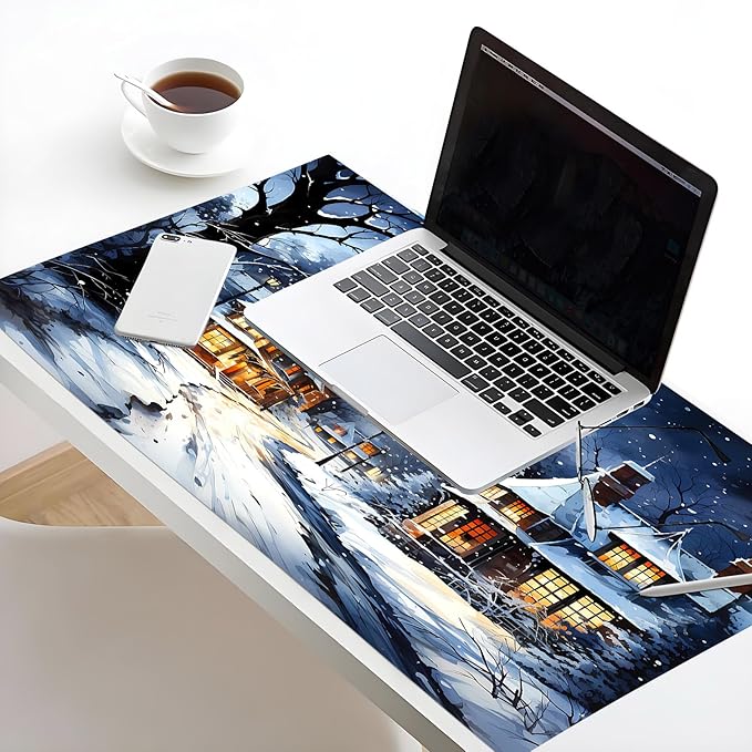 HVEST Winter Mouse Pad for Desk, Winter Snow Scene Desk Mat XL,Large Keyboard and Mouse Pad with Non-Slip Rubber Base and Stitched Edge for Game, Office, Home 31.5'' x 15.7''