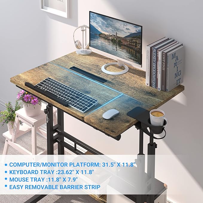 Mobile Standing Desk, Adjustable Rolling Computer Desk with 3 Desktops, Portable Laptop Table with Cup Holder, Home Office Laptop Workstation on Lockable Wheels, Black, Rustic Brown