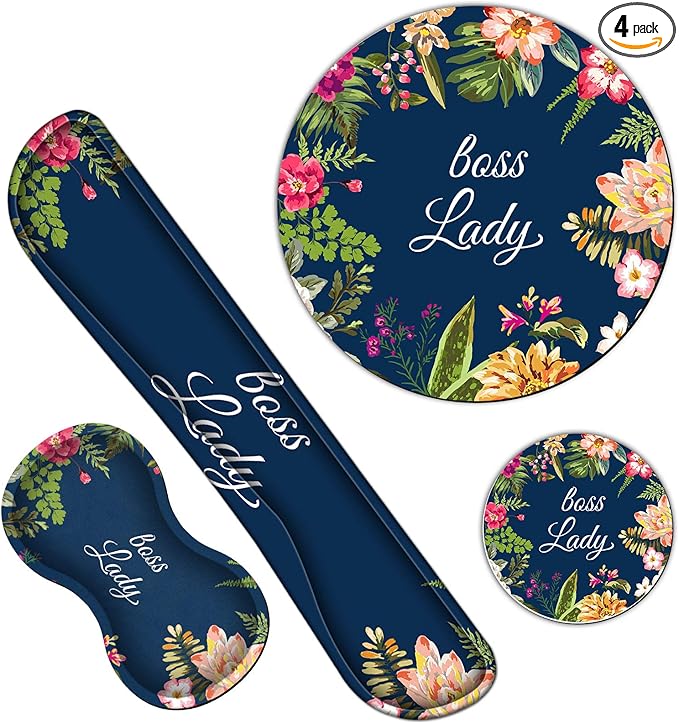 Ergonomic Keyboard Wrist Rests Gel Memory Foam Mouse Pad with Round Mousepad + Coasters, Wrist Support Set with Non Slip Base for Gaming Office Laptop Easy Typing & Pain Relief, Floral Boss Lady
