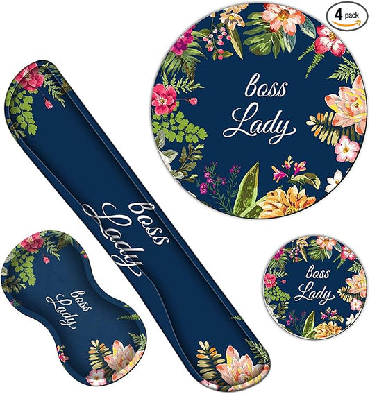Ergonomic Keyboard Wrist Rests Gel Memory Foam Mouse Pad with Round Mousepad + Coasters, Wrist Support Set with Non Slip Base for Gaming Office Laptop Easy Typing & Pain Relief, Floral Boss Lady