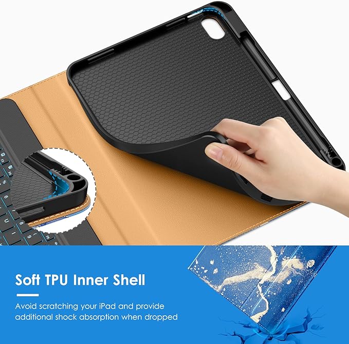 VIKESI Keyboard Case for iPad (A16,2025) 11th Generation/iPad 10th Generation Case (10.9" 2022),Premium Leather Smart Cover,Built-in Breathing Light,Function Row,Pencil Holder,Card Slots -Ocean Marble