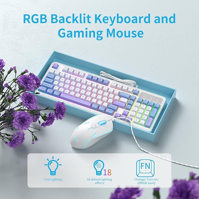 Camiysn Wire Gaming Keyboard, 7 Colorful Rainbow Backlight Classic Gaming Keyboard (BlueWhite-Set)