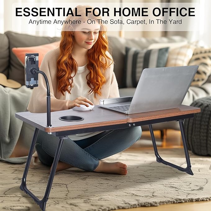 wishacc 28.7" Extra Large Adjustable Laptop Desk Stand with Phone Mount, Wooden Desktop, Portable Design