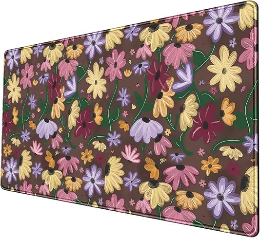 Pastel Floral Desk Mat - Retro CottagecoreBlooming Colorful Flowers Large Mouse Pad for Women Girls, Non-Slip XL Gaming Pad for Vibrant Study Office Cubicle Decor 31.5x15.7in