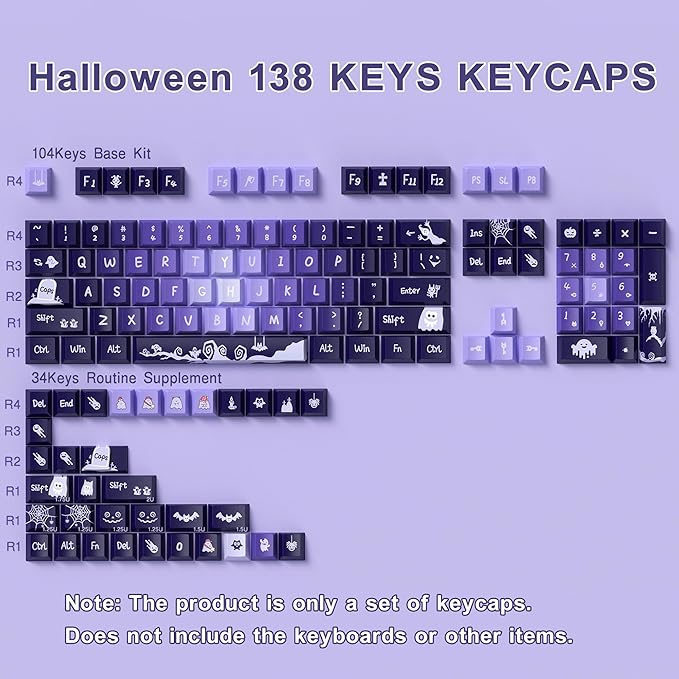 PBT Keycaps, 138 Keys Witch Spooky Halloween Theme Cherry Profile, Custom Keyboard Set for 61/64/68/84/87/100/104/108 MX Mechanical Keyboard