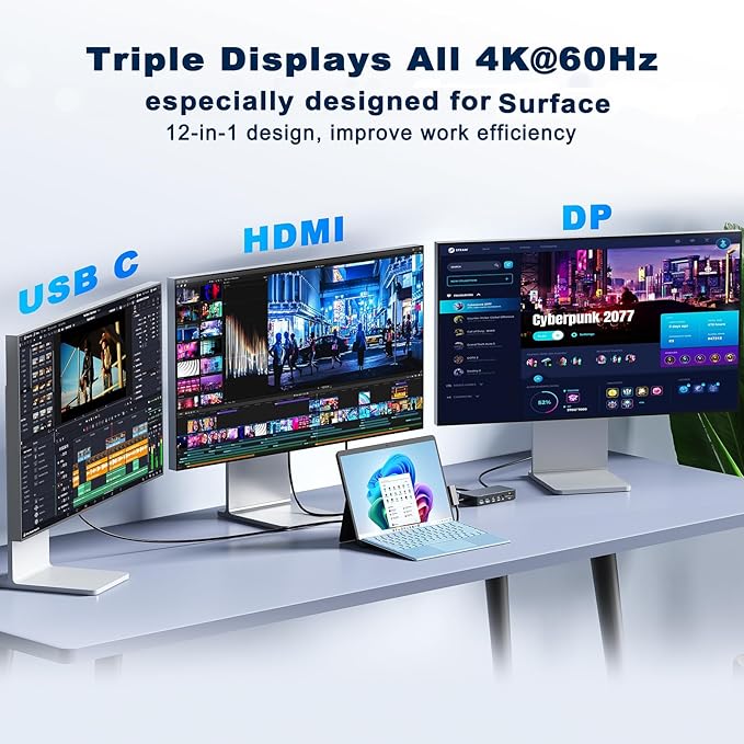 MS Surface Dock Triple Displays 4K@60Hz HDMI+ USB C + DP with 120W Power Adapter,Surface Pro Docking Station for Microsoft Surface Pro 12/11/10/9/8/7,Surface Laptop7/6/5/4/Surface Go