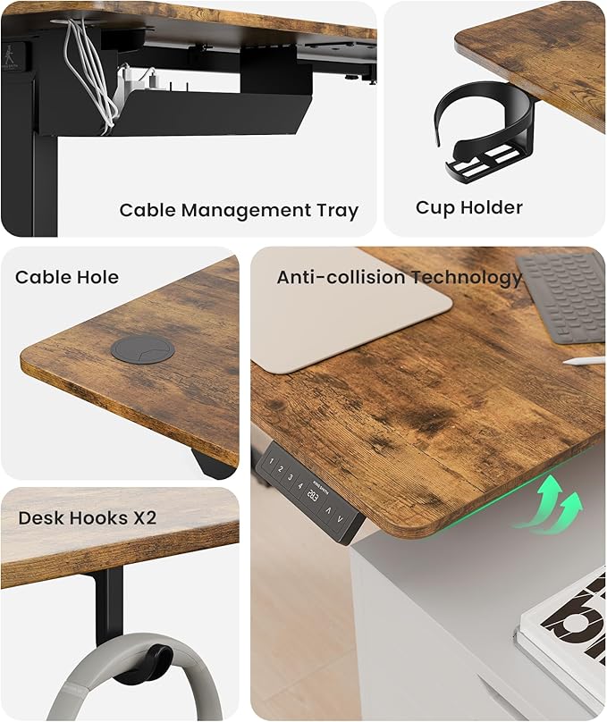 63 Inches Reversible L Shaped Standing Desk for Home Office, Electric Height Adjustable Corner Computer Desk, Sit Stand up Table with Cup Holder, Ergonomic Gaming Desk, Rustic Brown