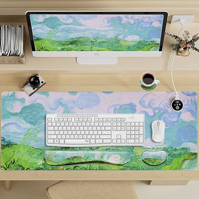 Bloss Green Mouse Pad with Wrist Support, XL Desk Mat for Desktop, Wrist Rest with Mouse and Keyboard Pad, Desk Pad Protector for Office and Home-Green Wheat Field(35.4 x 15.7 Inches)