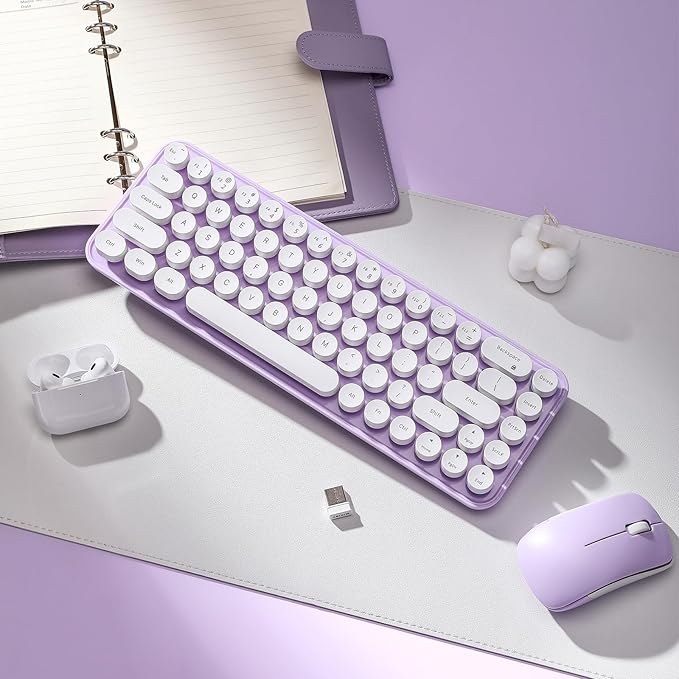 i68 Wireless Typewriter Keyboard and Mouse Combo,Purple Keyboard with 2.4GHz Connection, Cute Retro Aesthetic Design Round Keycaps for Tablet, Phone, PC and Win/Mac/Android(Purple)