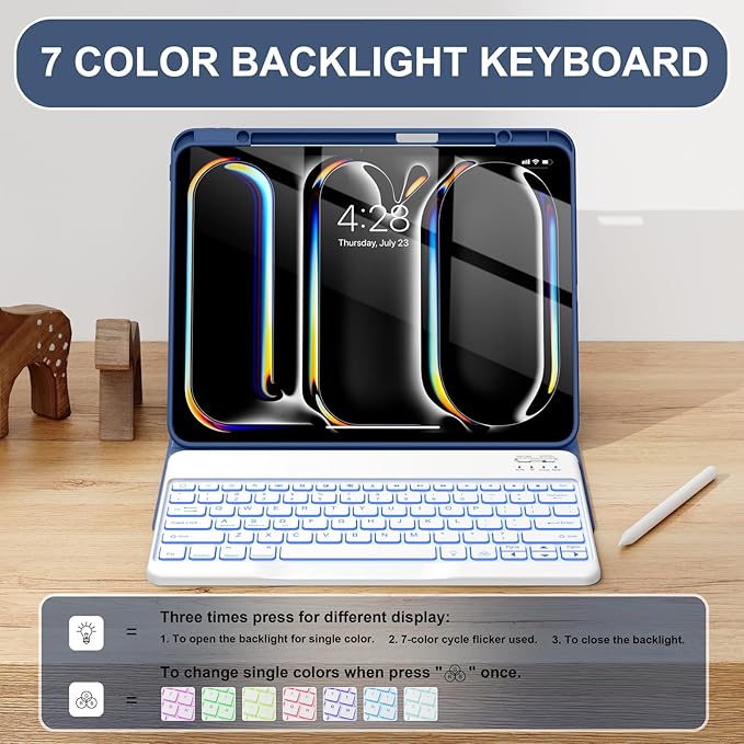 Soke Keyboard Case for iPad Pro 13 Inch (M5 2025/M4 2024), 7-Color Backlit Detachable Bluetooth Keyboard, Folio Stand TPU Back Cover with Pencil Holder for iPad Pro 13", Ocean Marble