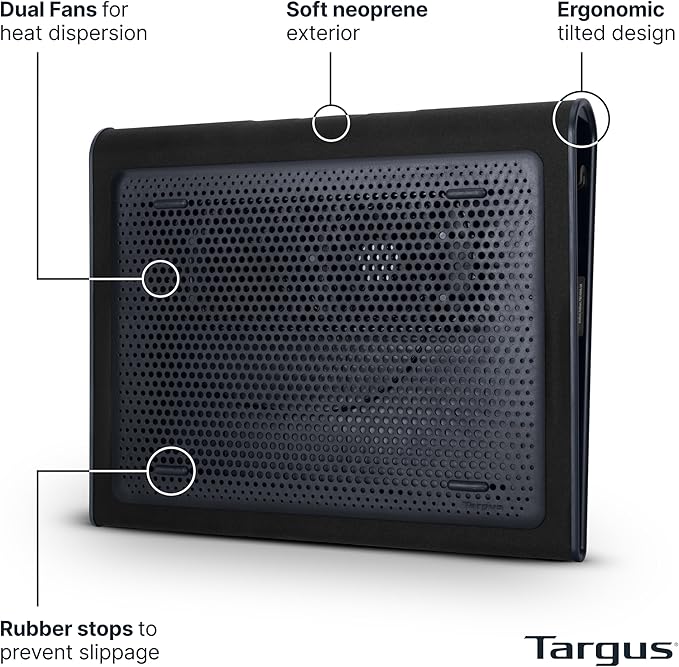 Targus 17 Inch Dual Fan Lap Chill Mat - Soft Neoprene Laptop Cooling Pad for Heat Protection, Fits Most 17" Laptops and Smaller - USB-A Connected Dual Fans for Heat Dispersion (AWE55US)