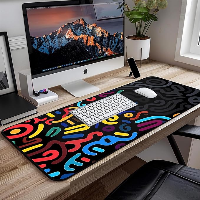 Colorful Line Desk Pad, Abstract Art Mouse Pad Mat XXL, Black Large Office Desk Keyboard Pad, with Non Slip Rubber Base and Stitched Edges Mouse Pad, Game Player's Desktop Decor 31.5"X15.7"