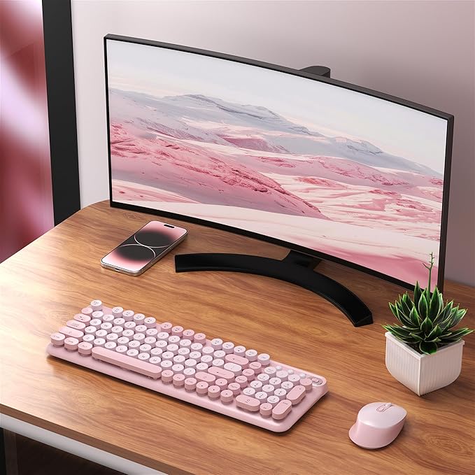 Wireless Keyboard and Mouse Combo, Full-Size Retro Typewriter Keyboard Style, 2.4GHz USB Receiver, Plug-and-Play, Keyboard Mouse Set for Computer, Laptop, Windows, Mac, and PC (Pink)