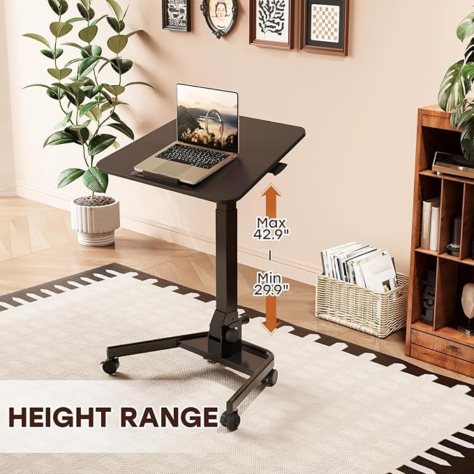Foldable Mobile Standing Desk, Pneumatic Height Adjustable Rolling Sit Stand Desk, 90° Tiltable Portable Laptop Cart on Wheels, Mobile Desk Workstation for Home Office, Easy to Fold