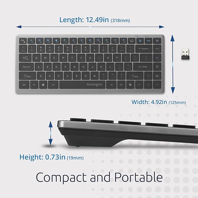 Kensington KB435 Wireless Compact Keyboard, Bluetooth & 2.4GHz Connection, Quiet Scissor-Switch Keys, Programmable, Copilot Hotkey, Compatible with Windows, Black (K75409NA)