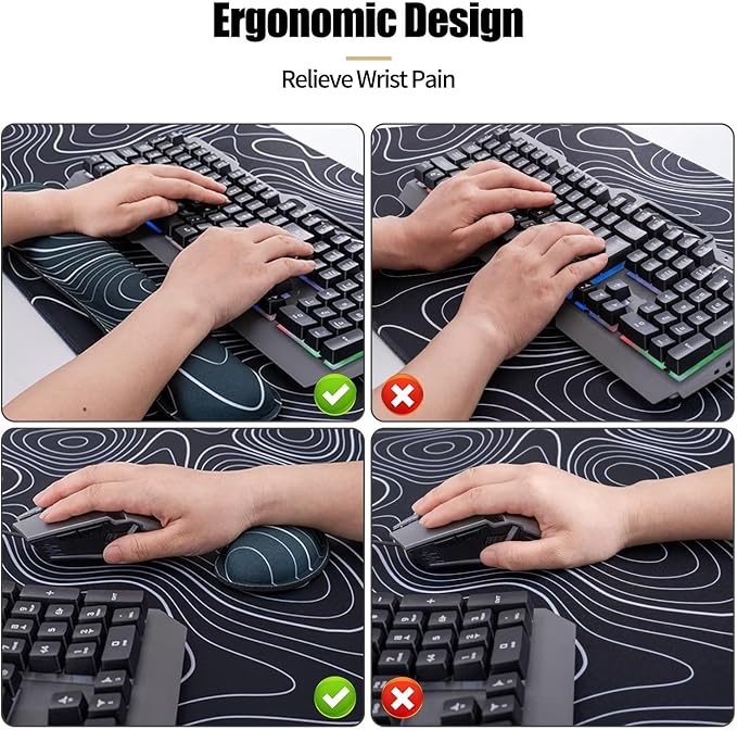 Bloss Mouse Pad with Wrist Rest, 4PCS Desk Mat and Wrist Support for Keyboard, Large Desk Pad, Keyboard Pad for Office Work/Home, Black and White Topography (31.5 x 15.7 Inches)