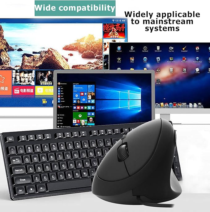 Wired Vertical Mouse, Ergonomic Optical USB Cord PC Gaming Mice 800-1200-1600 DPI Portable Silent Mause for Laptop Desktop Office Use (Black)