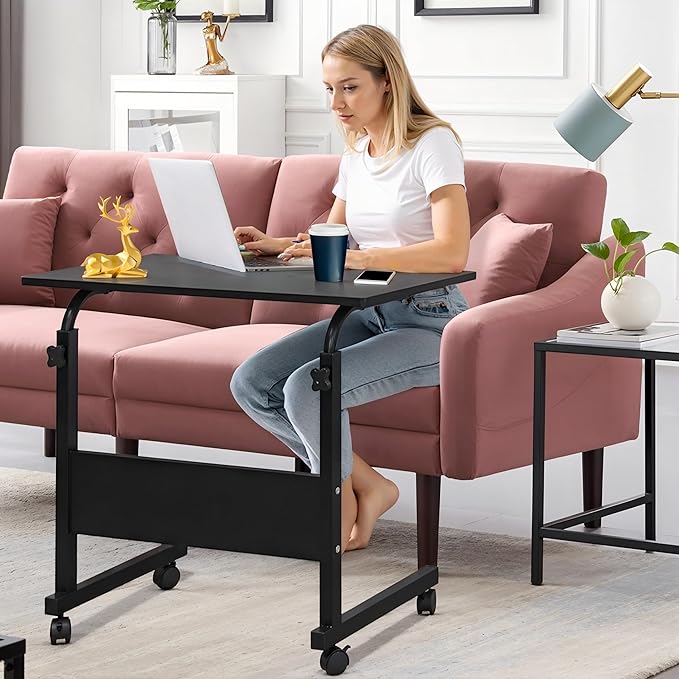 soges Rolling Laptop Desk Cart Height Adjustable, 31.5 inches Mobile Sofa Side Table with Tablet Slot, Portable Standing Laptop Table Desk, Small C Table for Sofa Couch Bed, Black