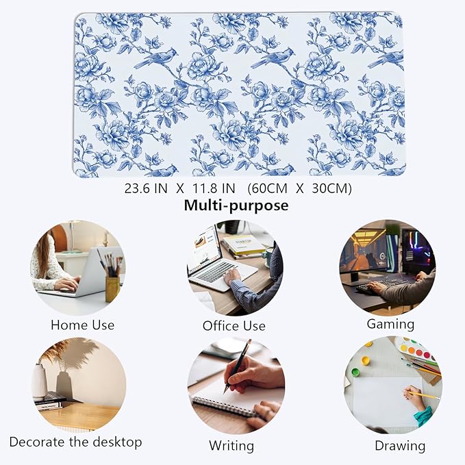 Navy Blue Chinoiserie Mouse Pad,Vintage Blue and White Floral Desk Mat,XL Large Flowers and Birds Preppy Mouse Pad,Girly Laptop Desk Mat for Dorm Home Office,23.6x11.8 Inch