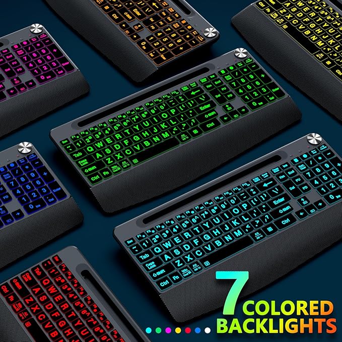 JOYACCESS Large Print Backlit Wireless Keyboard,2.4G Full Size Ergonomic Keyboard with Wrist Rest, 7-Color Light up and Oversiez Letter for Computer Laptop Windows-Black