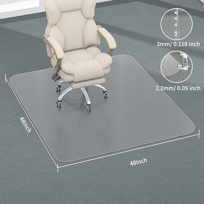 Office Chair Mat for Carpet, 48" X 48" X 0.09" Desk Chair Mat for Carpet Floors, Clear and Thick Rolling Computer Chair Mats with Non-Slip Studded for Home and Office Low Pile Carpets
