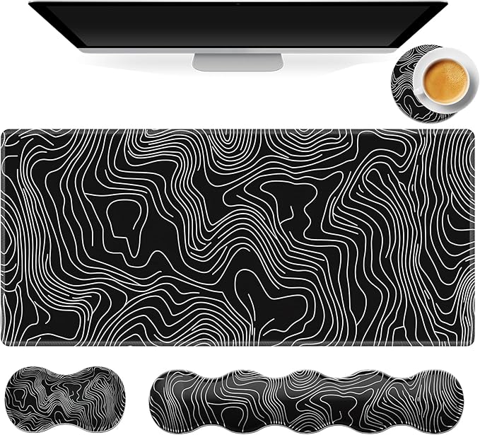 Gaming Mouse Pad Set, Map Lines Vector Large Desk Mat Mousepad, Keyboard Wrist Support, Mouse Wrist Rest, Coaster 4in1 Ergonomic Memory Foam, Non-Slip Stitched Edge for Home Office