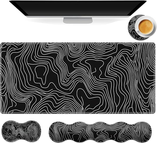 Gaming Mouse Pad Set, Map Lines Vector Large Desk Mat Mousepad, Keyboard Wrist Support, Mouse Wrist Rest, Coaster 4in1 Ergonomic Memory Foam, Non-Slip Stitched Edge for Home Office