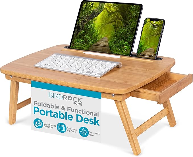 BIRDROCK HOME Bamboo Wood Lap Tray with Foldout Legs, Storage Drawer, Fits Laptops Up to 17", Tablet and Phone Slot, Laptop Table for Sitting or Standing, Work from Home, Workstation - Natural