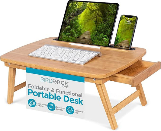 BIRDROCK HOME Bamboo Wood Lap Tray with Foldout Legs, Storage Drawer, Fits Laptops Up to 17", Tablet and Phone Slot, Laptop Table for Sitting or Standing, Work from Home, Workstation - Natural