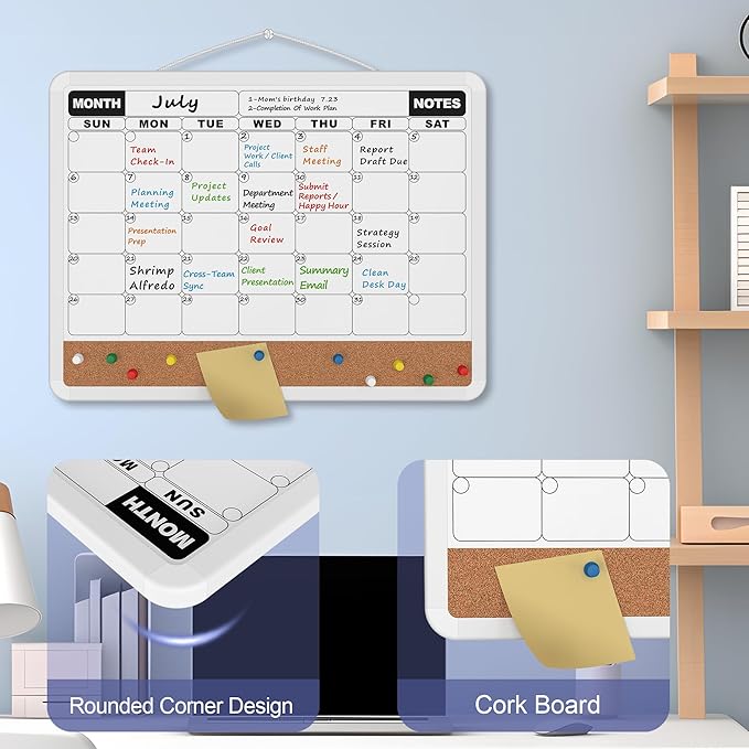 Monthly Calendar Dry Erase Board 16x12 Inch, Double-Sided Whiteboard and Corkboard Combo, Plastic Frame Wall Mounted Planner Organizer with Markers, Magnets, Push Pins, Eraser, for Home Office School
