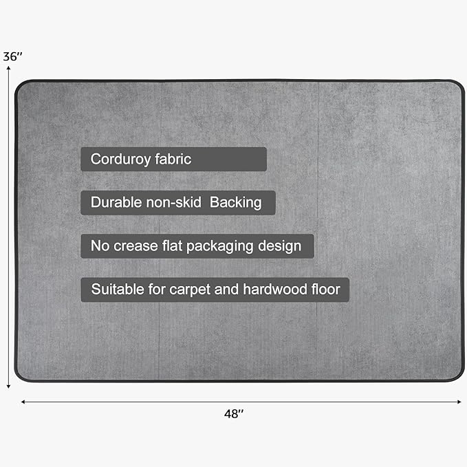 Corduroy Heavy Duty Office Chair Mat for Carpet & Hardwood Floors, Tri-Fold Floor Mat, Desk Chair Mat for Carpeted Floors and Hardwood Floor for Home Office Light Gray
