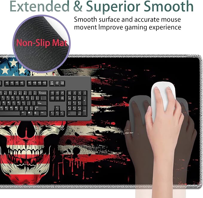 Large Gaming Mouse Pad + Keyboard Wrist Rest + Wrist Support + Coaster Set, Memory Foam Ergonomic for Easy Typing, XXL Extended Gaming Mouse Pad Table Pad - American Flag Skull