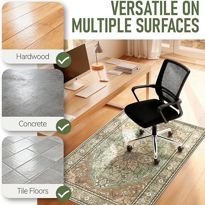 36"x48" Office Chair Mat for Hardwood, Under Desk Chair Mat for Home Office, Anti-Slip Office Rugs for Rolling Chairs, Floor Protector Washable Rugs Olive Green