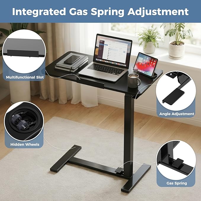 DUMOS Mobile Standing Desk, Height Adjustable Laptop Desk with Pneumatic Lift, Portable Computer Workstation Cart for Bed, Couch, Office, Sofa, Black