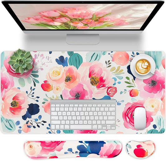 Bloss Flower Desk Mat + Wrist Rest, Leather Desk Pad+Foam Rest, Desk Matt for Desktop, Waterproof Desk Pad Mat for Office/Home/Decor, Gift for Women(31.5 x 15.7 Inches)